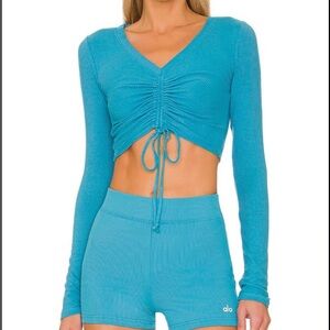 ALO Ribbed Cropped Cinch Long Sleeve in Blue Splash